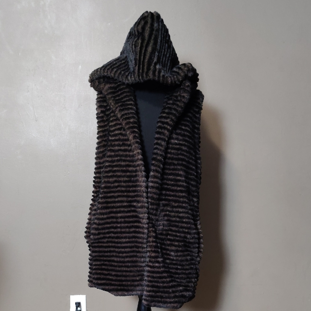 Capote Brown/Black Striped Faux Fur Sleeveless Hooded Jacket Size S